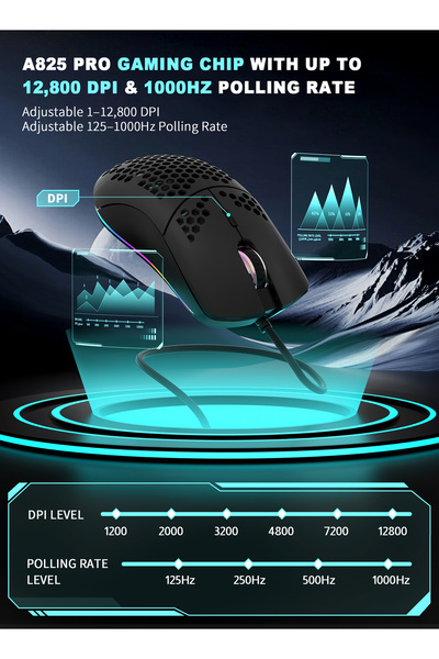 DuneVoyager GE5 Honeycomb Gaming Mouse, 1-12800 DPI, 6 Programmable Buttons, RGB