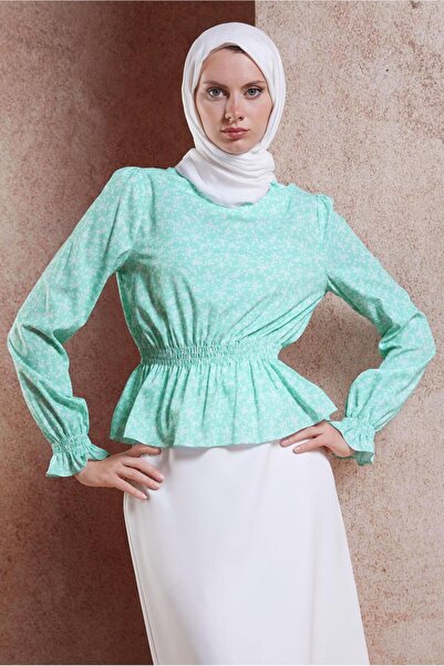 Alvina Floral Patterned Rubber Waist and Cuff Blouse - 42888