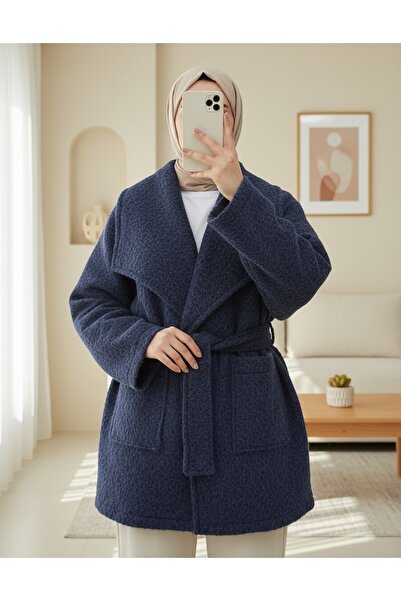 Modamorfo Широк яка, колан в талията, джобове, вълнено палто - тъмно синьо