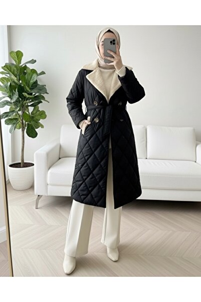 Modamorfo Μπουφάν με γούνινο γιακά, ζώνη στη μέση, κουμπιά και επένδυση - Μαύρο