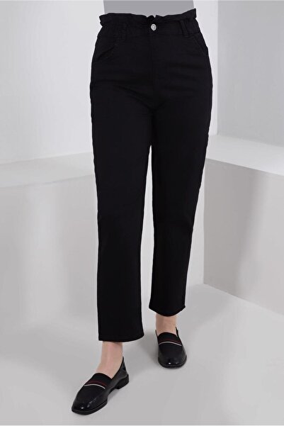 TRENDTESETTÜR KADIN SİYAH BELİ LASTİKLİ DENİM PANTOLON T 6105