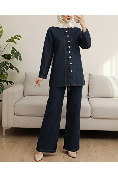 Modamorfo Buttoned Front Trousers Denim Suit - Navy
