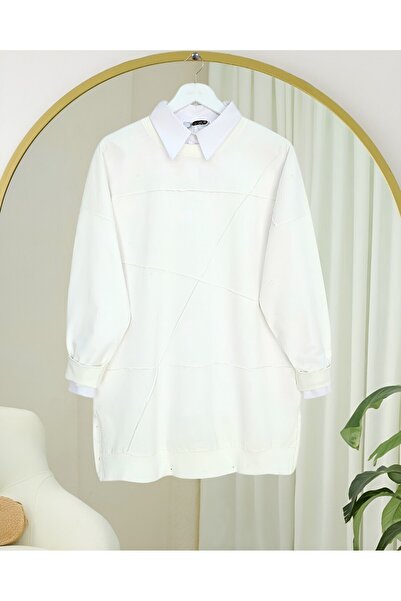 Modamorfo Round Neck Grassed Slit Loose Combed Cotton Tunic -White