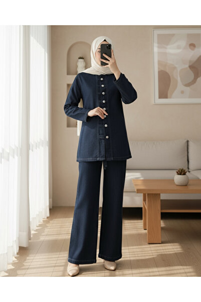 Modamorfo Buttoned Front Trousers Denim Suit - Navy
