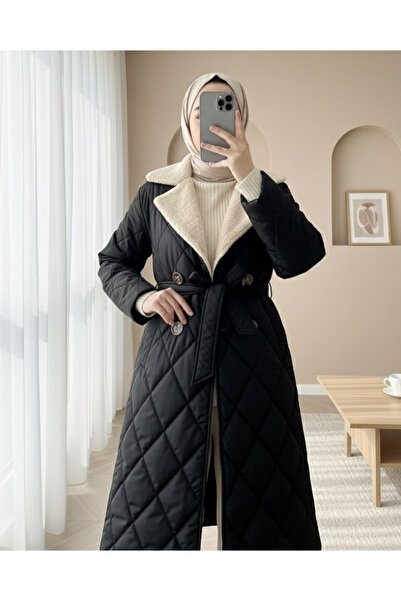 Modamorfo Μπουφάν με γούνινο γιακά, ζώνη στη μέση, κουμπιά και επένδυση - Μαύρο