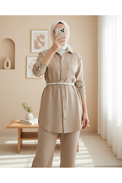 Modamorfo Women's Linen Suit with Belt Detail and Trousers - 14313Tks