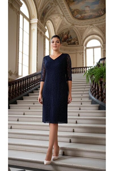 Nidya Moda Büyük Beden Simli Lacivert  Dantel Elbise 4009yl