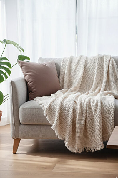 OTEKS HOME COLLECTİON Ecru Muslin Sofa Shawl / Tv Blanket (100 X 200 cm)