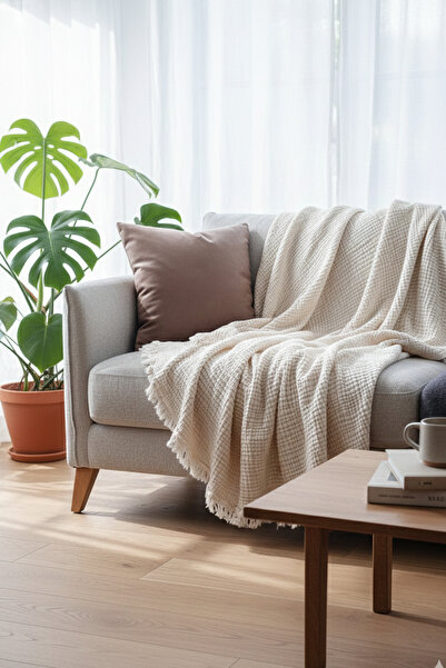 OTEKS HOME COLLECTİON Ecru Muslin Sofa Shawl / Tv Blanket (100 X 200 cm)