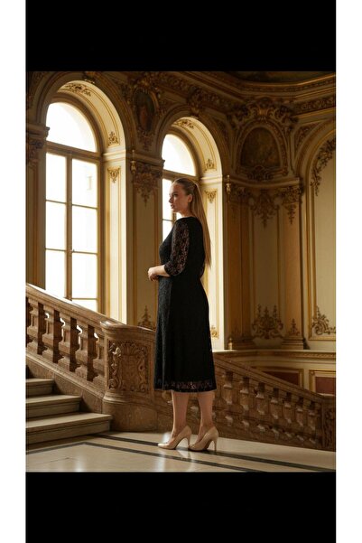 Nidya Moda Büyük Beden Dantel Siyah Abiye Elbise-4009ds