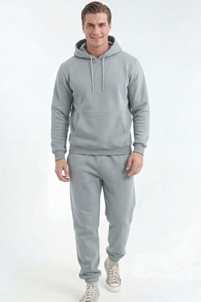 Veleno Gray Men's Kangaroo 3 Thread Tracksuit Set Soft Puff Fabric