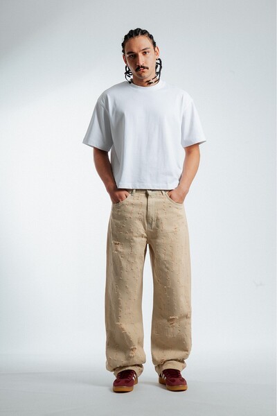 GRJ denim Beige Ripped Baggy Fit Men's Jeans