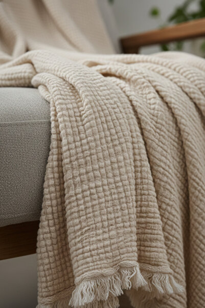 OTEKS HOME COLLECTİON Ecru Muslin Sofa Shawl / Tv Blanket (100 X 200 cm)