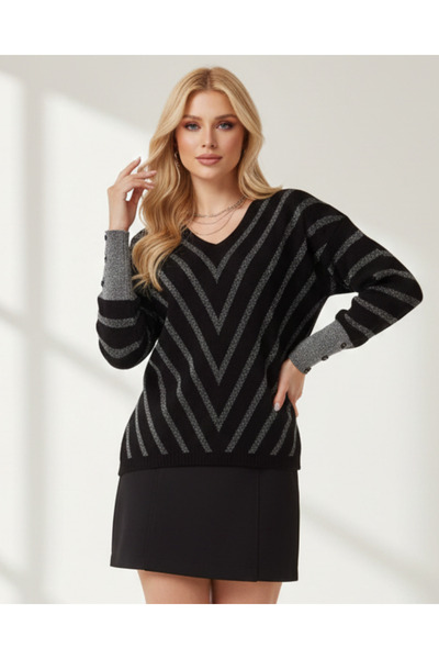 BERNE Women's Black Glitter V-Neck Sweater