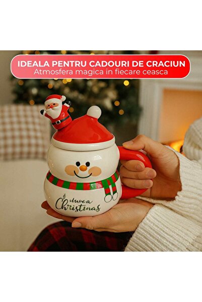 Timebox Cană ceramică de Crăciun 400ml cu capac și lingură, design om de zăpadă, cadou ideal pentru temperaturi ridicate...