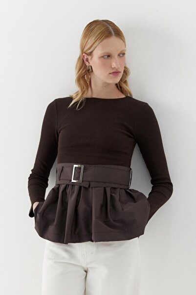 MARKALİSTE Long Sleeve Ribbed Knit Blouse Brown