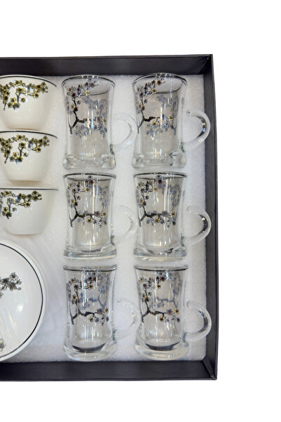 ALQANNAS 36 Piece Tea and Coffee Set | Floral Print Crystal Glass Tea Cups with Ceramic Cups and Saucers