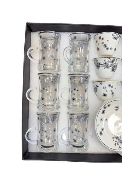 ALQANNAS 36 Piece Tea and Coffee Set | Floral Print Crystal Glass Tea Cups with Ceramic Cups and Saucers