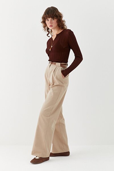 MARKALİSTE Belted Palazzo Trousers Stone