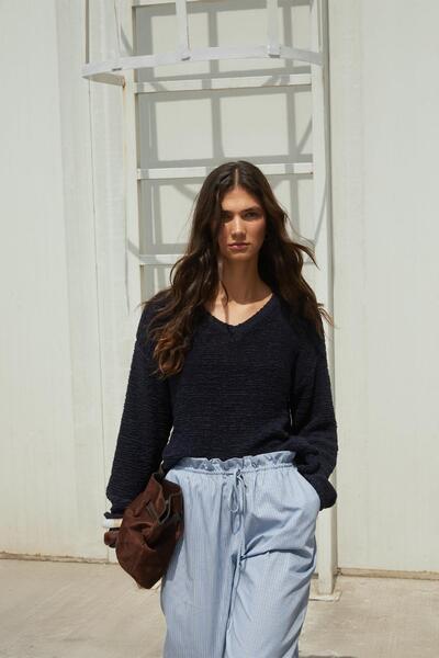 MARKALİSTE Παντελόνι ποπλίνα με ρίγες με λεπτομέρεια στη μέση μπλε