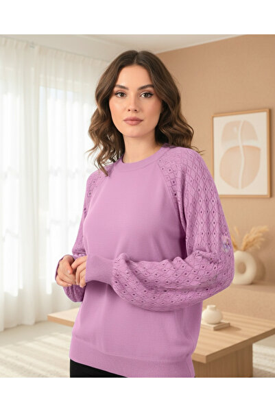 Modamorfo Dámský pletený svetr s prolamovanými rukávy - růžový