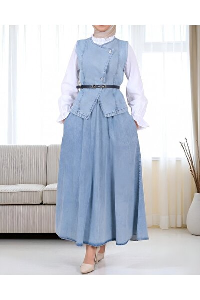 Modamorfo Buttoned Vest Belted Skirt Jeans Suit - Ice Blue