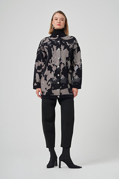 Nuss Patterned Button Detail Angora Cardigan 7006 Black