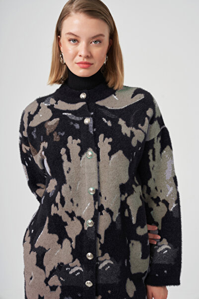 Nuss Patterned Button Detail Angora Cardigan 7006 Black
