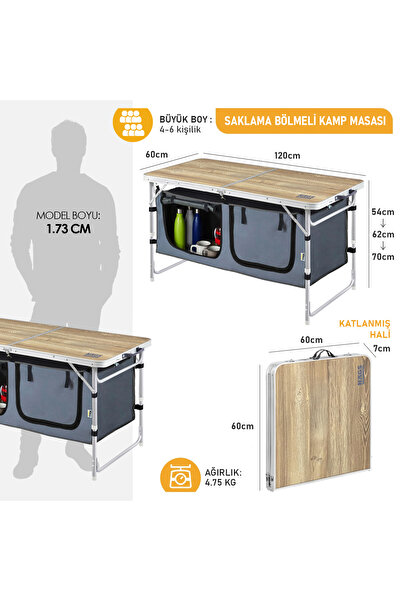 HAEGS Saklama Dolaplı Kamp Masası, Katlanabilir Alüminyum Piknik Masası Mutfağı 120x60 Naturel Meşe