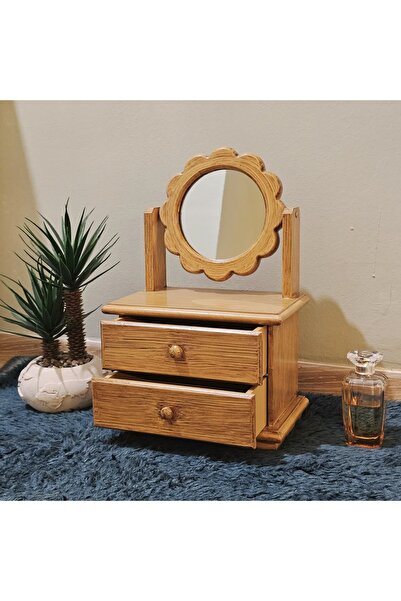 Tekir Papatya Model Ahşap Hareketli Aynalı 2 Çekmeceli Bambu Eskitme Rengi Ta...
