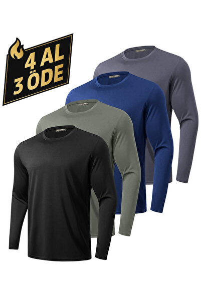 GHASSY CO. Pack of 4 Men's 100% Cotton Stretch Fabric Sports Running Daily Training Long Sleeve Combed Cotton T-Shirts