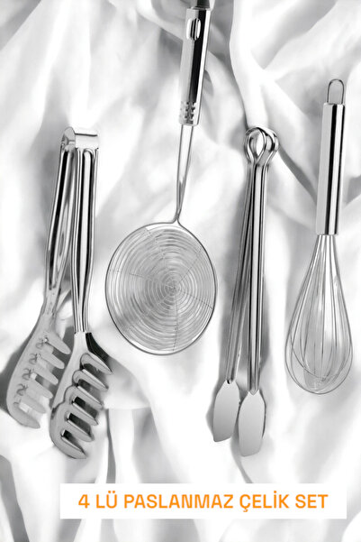 Ercazzo 4 Lü Paslanmaz Çelik Mutfak Servis Seti Kepçe Kevgir Makarna Salata M...