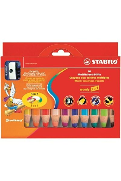 Stabilo Woody Boya Kalemi 3 İn 1 10 Renk + 1 Kalemtraş Karton Kutu