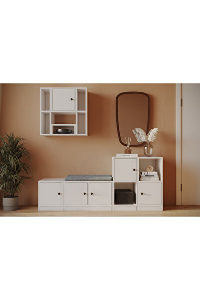 Nettrends Çok Amaçlı ve Çok Bölmeli Şık Tasarım Portmanto, Duvar Raflı ve Puf...