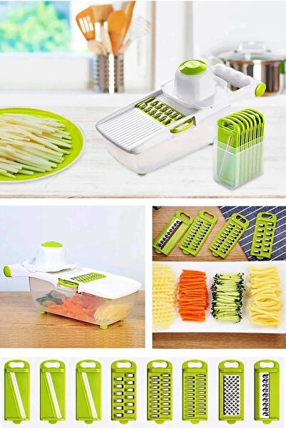 Ercazzo Hazneli Kapaklı Rende Sebze Dilimleyici 8 Çelik Bıçaklı Patates Rendeleme Mandolin Seti