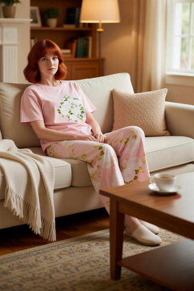 PayBuy طقم بيجامات نسائي قطني مزين بالزهور، طقم ملابس منزلية مريحة، طراز حديث...