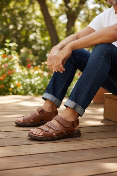 Konfores 2040 Model - Massage Sole, Genuine Leather, Anatomical Men's Sandals