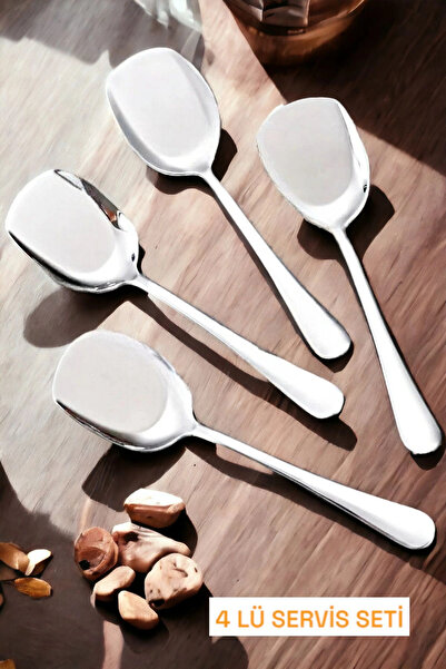 Ercazzo 4 Lü Servis Seti Lüx Paslanmaz Çelik Servis Kaşığı Büyük Boy Pasta Se...