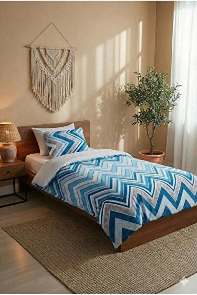 karanihome طقم غطاء لحاف هندسي أزرق اللون لشخص واحد