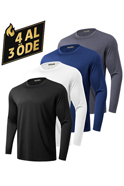 GHASSY CO. Pack of 4 Men's 100% Cotton Stretch Fabric Sports Running Daily Training Long Sleeve Combed Cotton T-Shirts