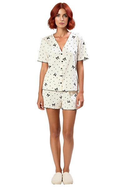 PayBuy Set pijamale din bumbac pentru femei, cu model de fundă, cu pantaloni scurți, îmbrăcăminte confortabilă pentru acasă, potrivire perfectă