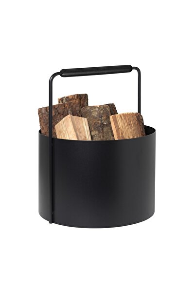 SOMINECO Siyah Ahşap Saplı Odun Metal Odunluk Sepet