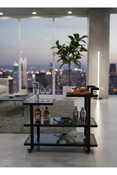 DEC24 New style cart, black glass, 100 cm