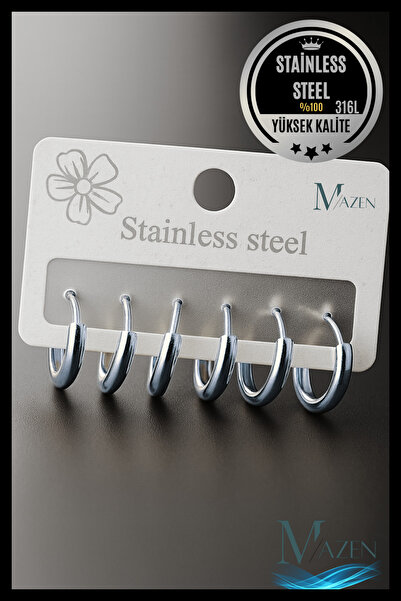 MAZEN 316L Çelik Set Halka Küpe | Gümüş Renk | 6 Adet 3 Farklı Boy | Kalın Bar Model