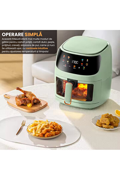 Full Abundance Friteuză cu aer 2400W — 8 programe presetate, gătit la 360°, temperatură NTC, verde lime