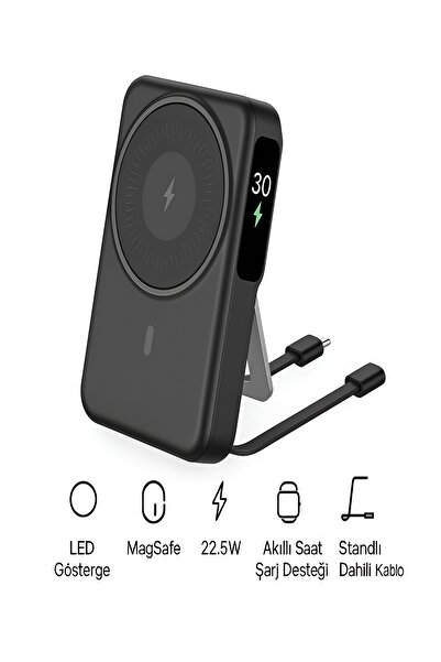 DEANB 10000mAh 22.5W Type-C Lightning Kablolu/Kablosuz Standlı Magsafe Powerb...