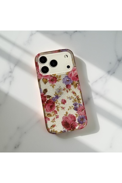 HYPERSOFT Iphone 16 Plus (6.7 inç) Uyumlu Simli Görünüm Flowers Desenli Şık K...