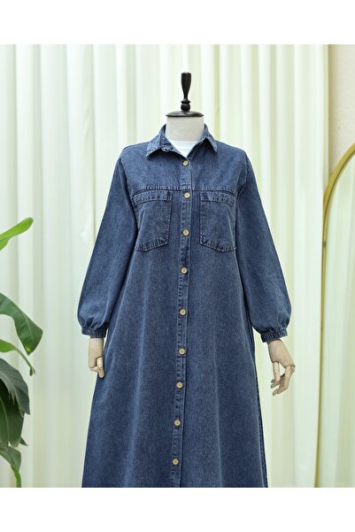 Modamorfo Buttoned Sleeve Denim Dress with Elasticated Pockets - Indigo