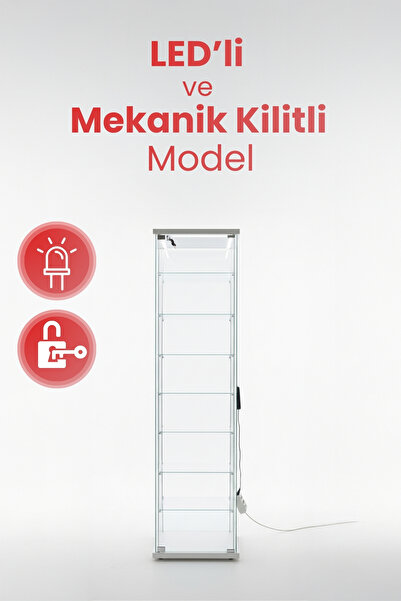 artinoks 7 RAFLI KİLİTLİ VE LEDLİ CAM VİTRİN BEYAZ (Gümüşlük Büfe Koleksiyon )