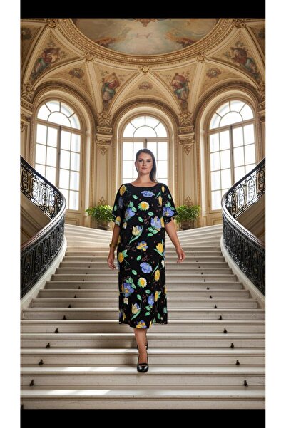 Nidya Moda Kadın Siyah Bahar Çiçekli Elbise 4026ÇS